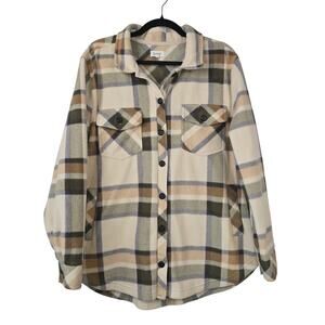 Weekends Everyday Jacket Womens XL Beige Plaid Fleece Button Front Pockets